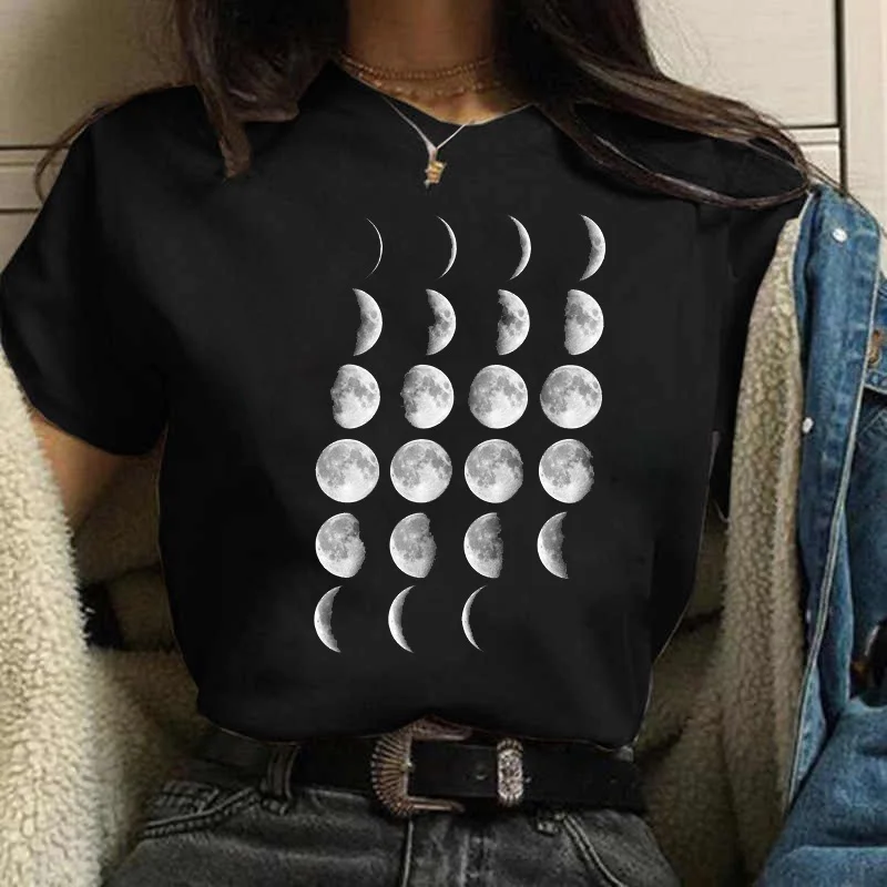 Moon Space Women Casual Print T-shirt Girl 2023 Summer O Neck Harajuku Y2k Funny Cute Tops Tee Female Clothes images - 6