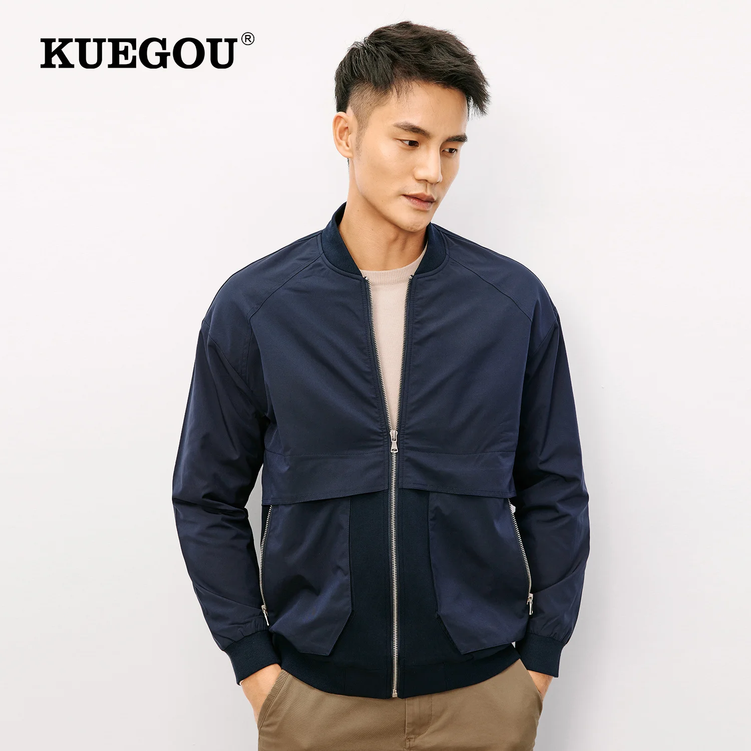 

KUEGOU 2022 Spring Jacket Men Coat Zipper Hip Hop Japanese Streetwear Vintage Male Korean Bomber Baseball Varsity Clothes 8826