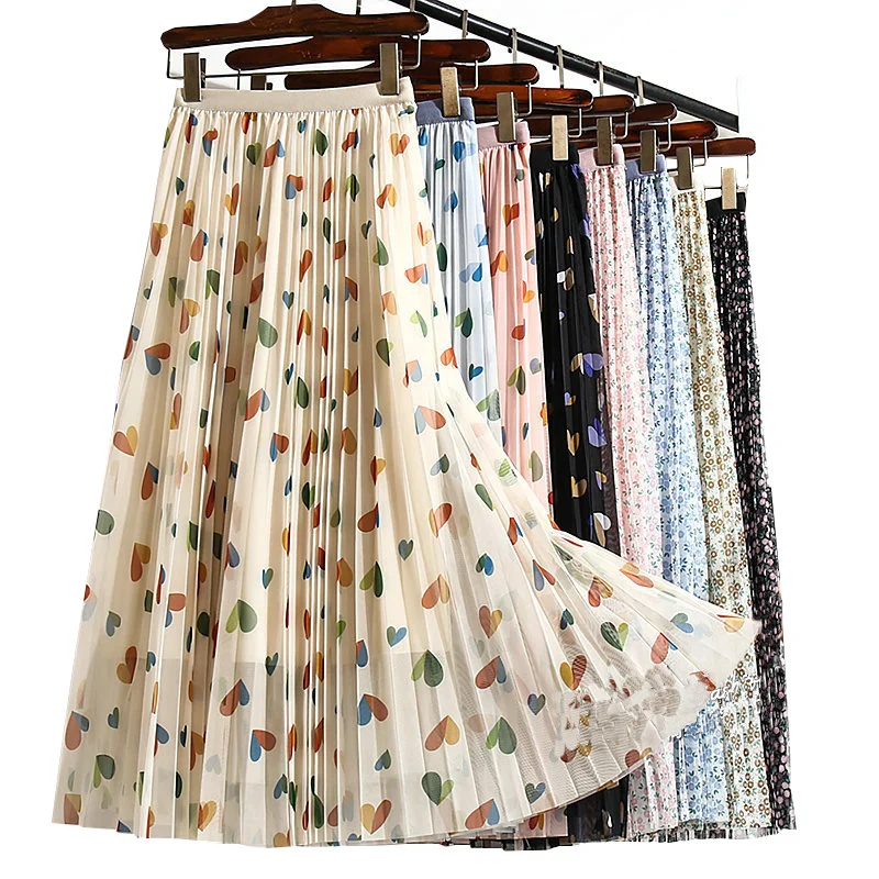 

2023 Spring Summer Korean Mesh Voile Tulle Women Print Aesthetic High Waist Midi Floral Skirt Female Bottoms A Line Pleated Skir