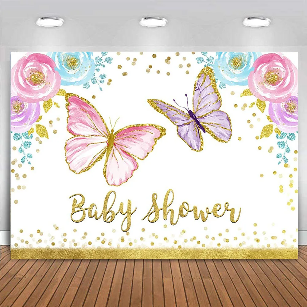 

Gold Butterflies Baby Shower Backdrop Watercolor Floral Gold Dots Party Wall Poster Table Cake Banner Background It's a Girl