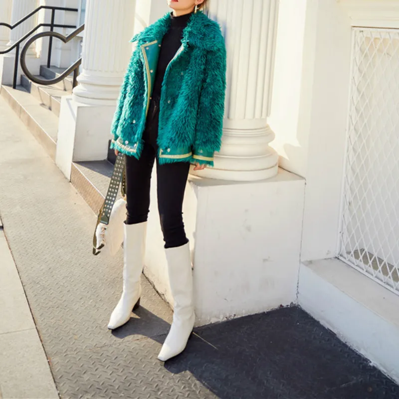 Winter Vintage Green Faux Fur Coat Women Thick Lamb Fur Overcoat Lapel Motorcycle Jacket Ladies Fluffy Coats Fashion Chic New