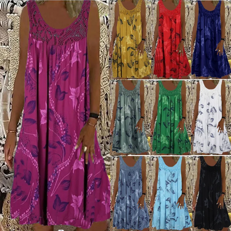 

2023 Women's Fashion Summer Sleeveless Beach Dress Print Loose Casual Vest Dress Knee-length Dress