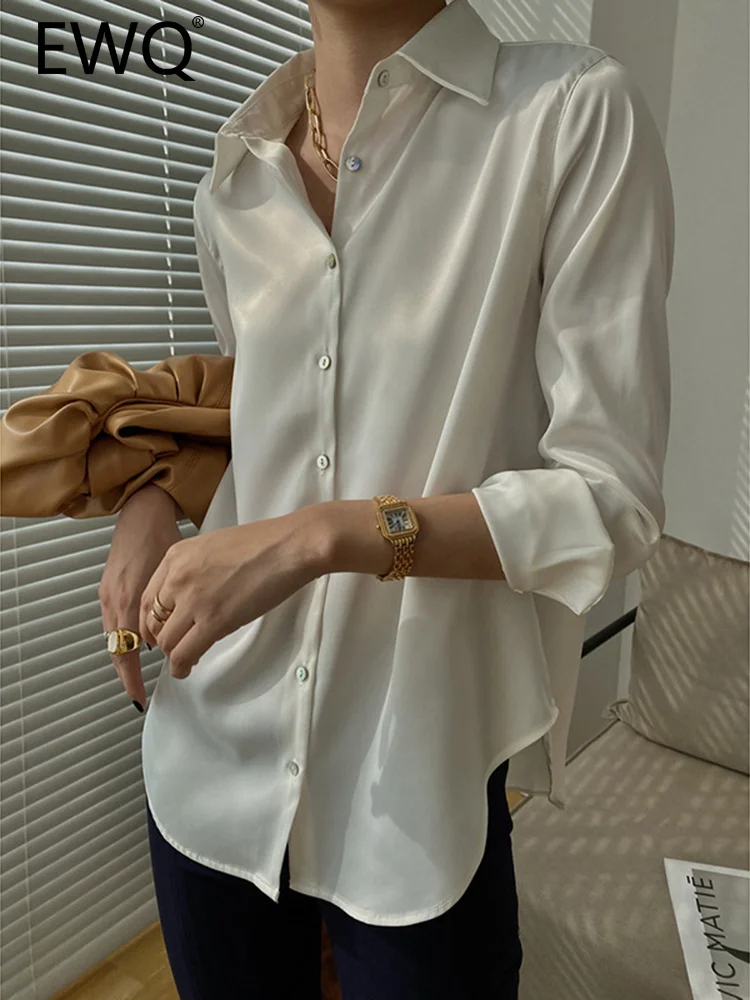 

EWQ Chiffon Shirt For Women Lapel Long Sleeve Single Breasted Bottoming Satin Tops Elegant Female Tops 2023 Autumn New 26D782