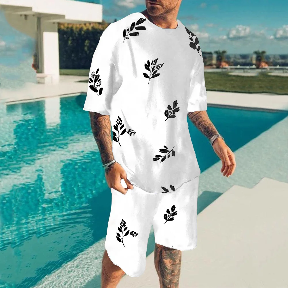 

Футболка мужская с принтом листьев, комплект из 2 предметов, гавайский костюм с коротким рукавом, уютная Повседневная пляжная одежда, лето