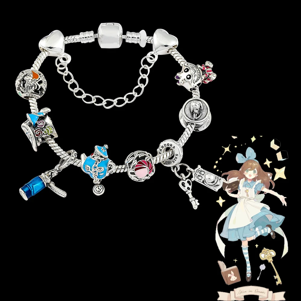 Disney Luxury Bracelet Charms Bangle Alice in Wonderland Pulseiras Feminina Silver Plated Family Fashion Bracelet for Women