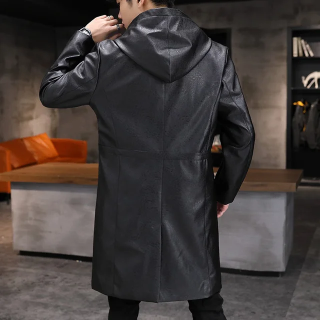 Spring Autumn Men's Casual Mid-length Hooded Leather Jacket Korean Version Trend Handsome Outdoor Leather Windbreaker Men's Coat 4