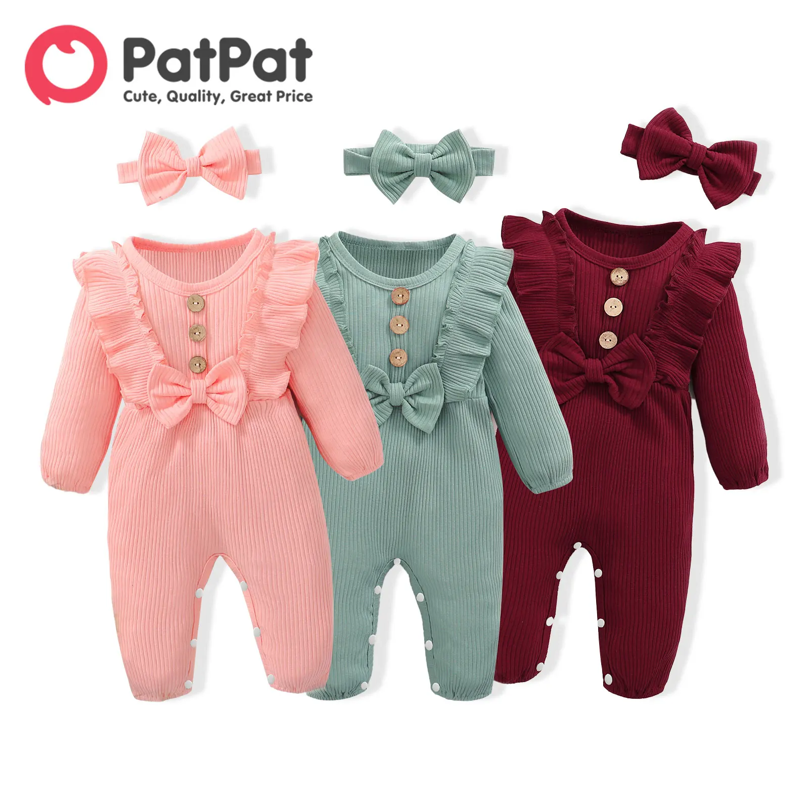 

PatPat Baby Girl Clothes 2pcs Infant Newborn Romper Casual 95% Cotton Ribbed Long-sleeve Bowknot Button Jumpsuit Headband Set