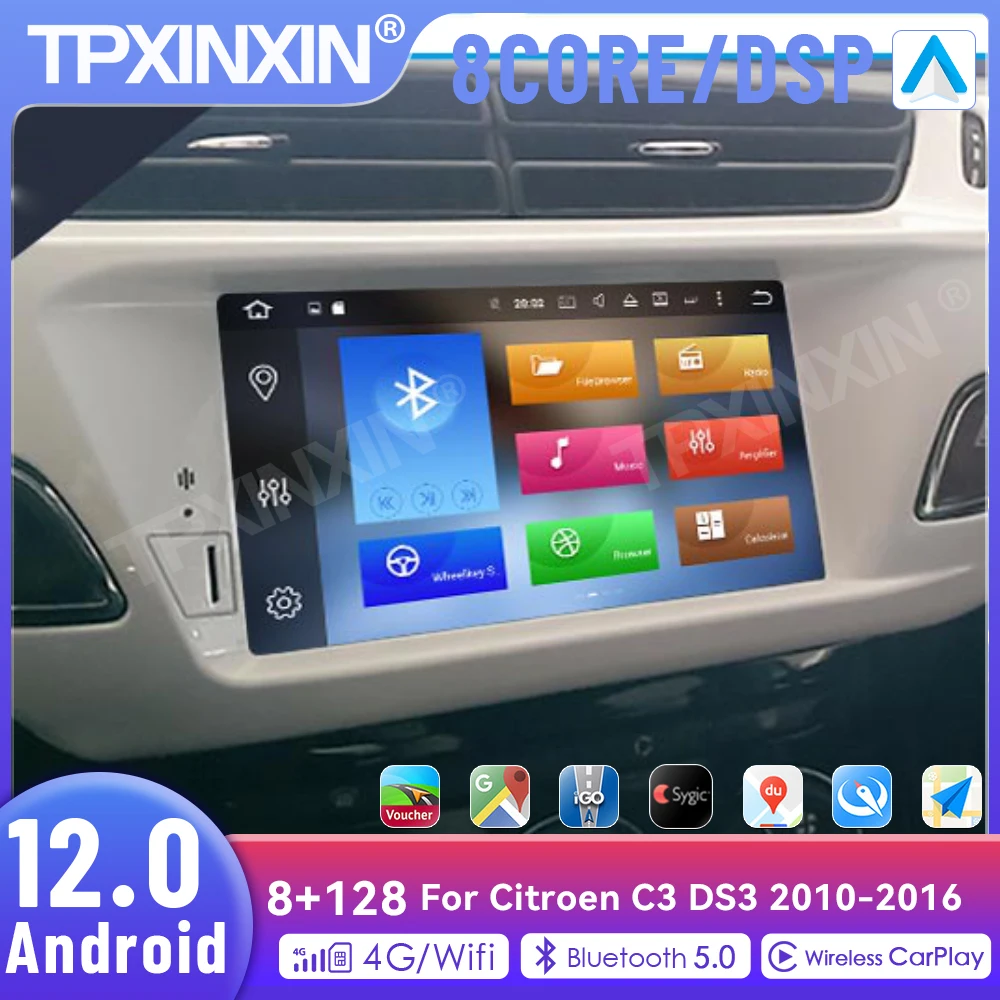 

2 Din Android 12.0 8G+128G Car Radio Multimedia Player For Citroen C3 DS3 2010-2016 GPS Navigation Auto Stereo Head Unit Carplay