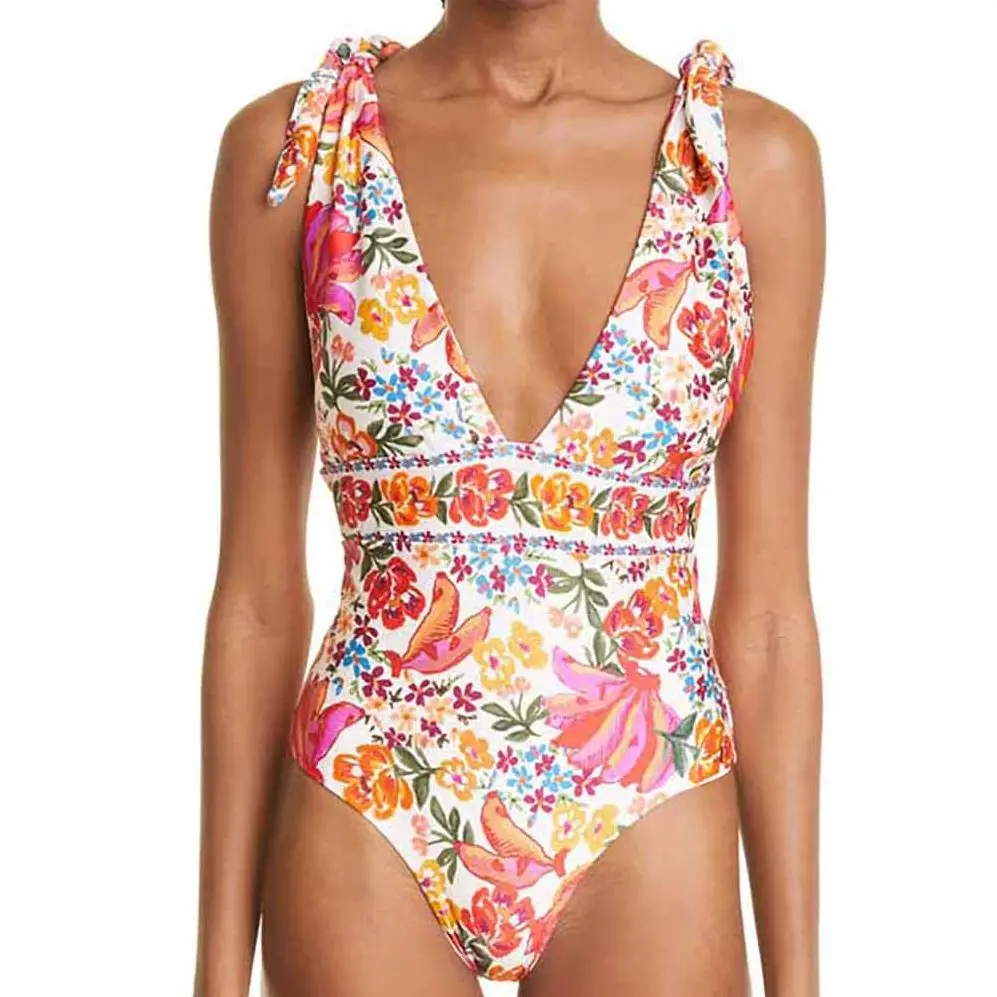 

Fashion Floral-print One-piece Swimsuit Deep V Beach Dresses for Women 2022 Vintage Bathing Suit backless Swimwear Summer Bikini
