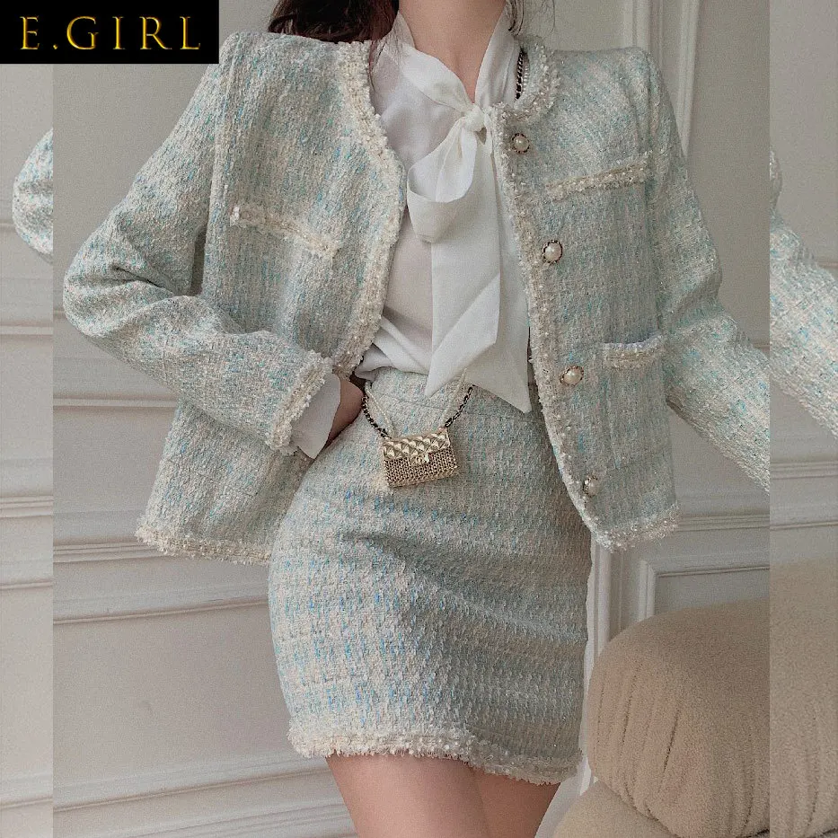 Autumn Winter 2021 Pearl Tweed Women Jacket Two-Piece Set Mini A-Line Skirt Suit O-Neck Button Pocket Sweet Fashion Elegant Coat