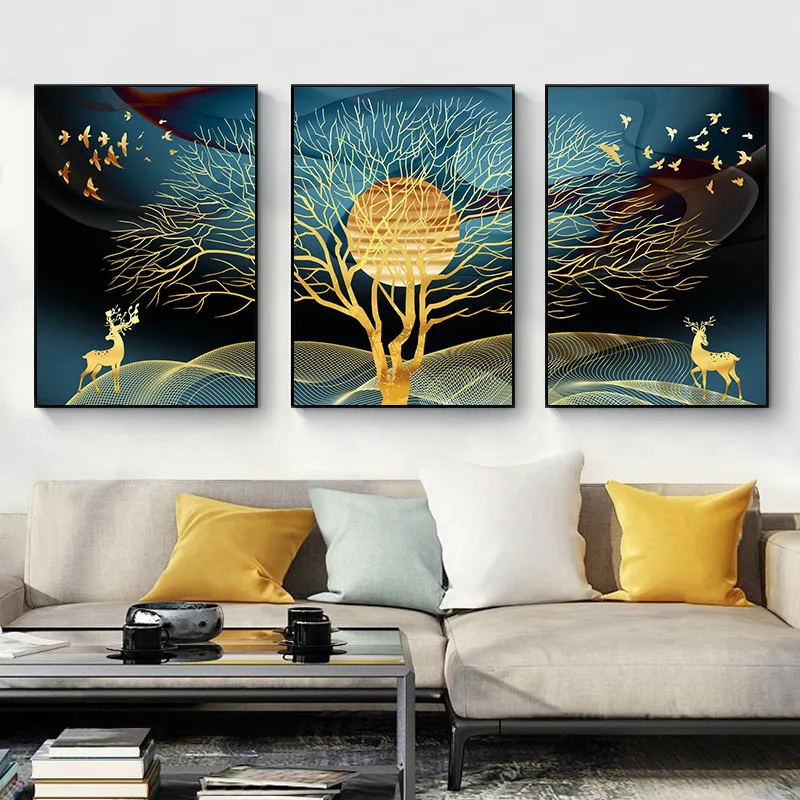 

Abstract Golden Deer Big Tree and Bird Canvas Painting Gold Sun Poster Wall Art for Living Room Decoration Home Decor Picture