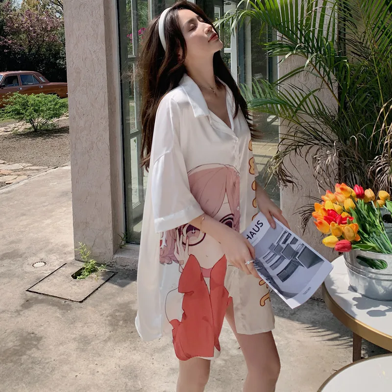 Sweet Home Dress Women Summer Nightgown Boyfriend Shirt  Sleepwear Button-up Nightshirt Sexy Ice Silk Female Pajamas Clothes Pj