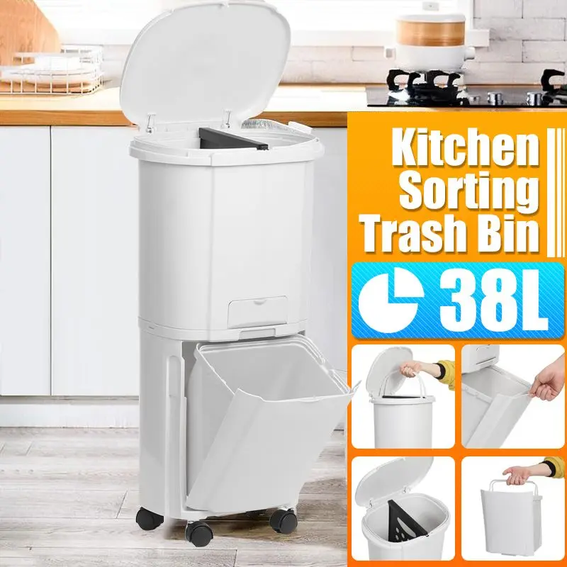 

38L 2 Layers Dry Wet Sorting Double Deck Trash Can With Wheels Kitchen Rubbish Storage Waste Bin Corner Plastic Garage Bucket