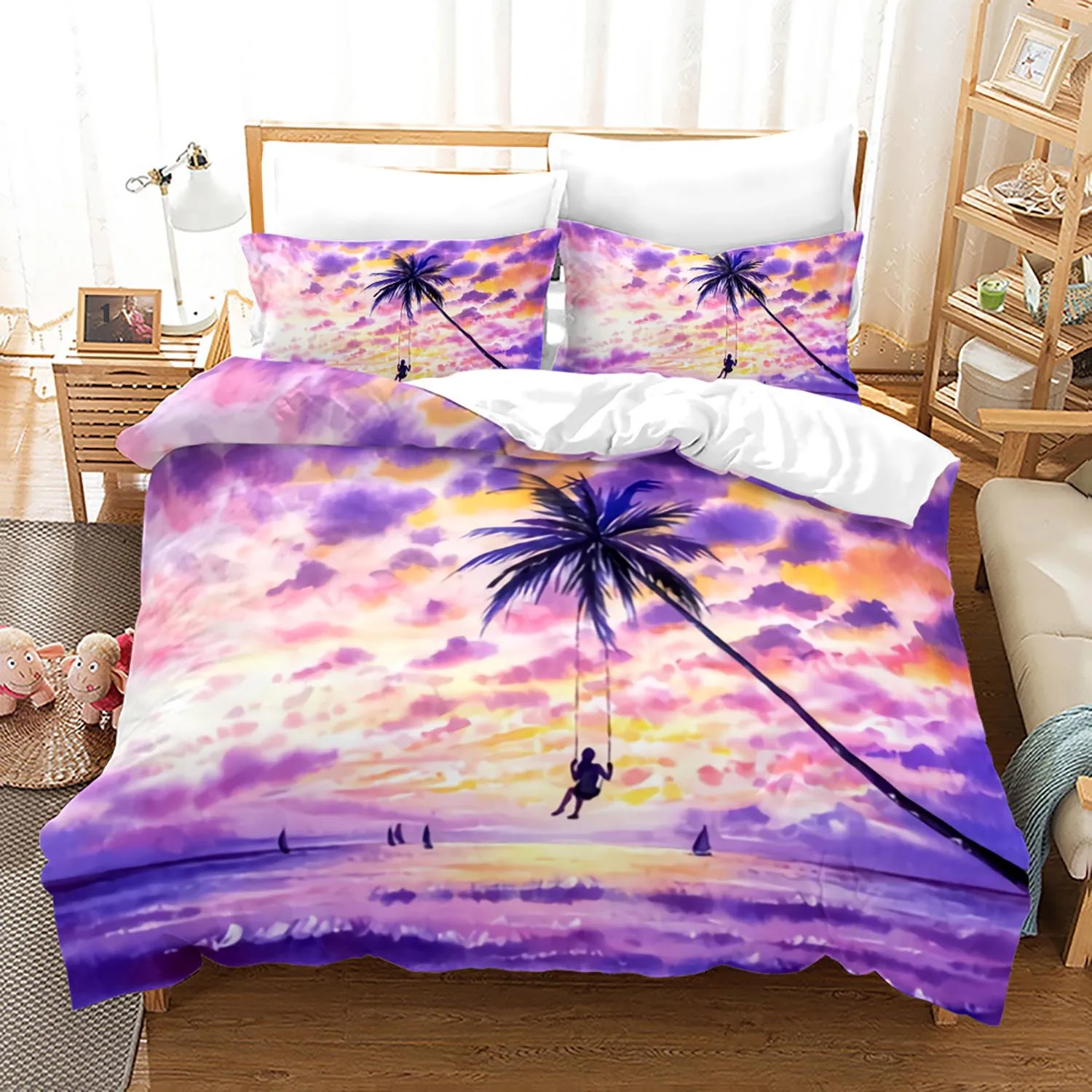 

Ocean Duvet Cover Set Queen/Full Size Tropical Island with The Palm Trees and Sea Beach Nature Theme Print Polyester Bedding Set