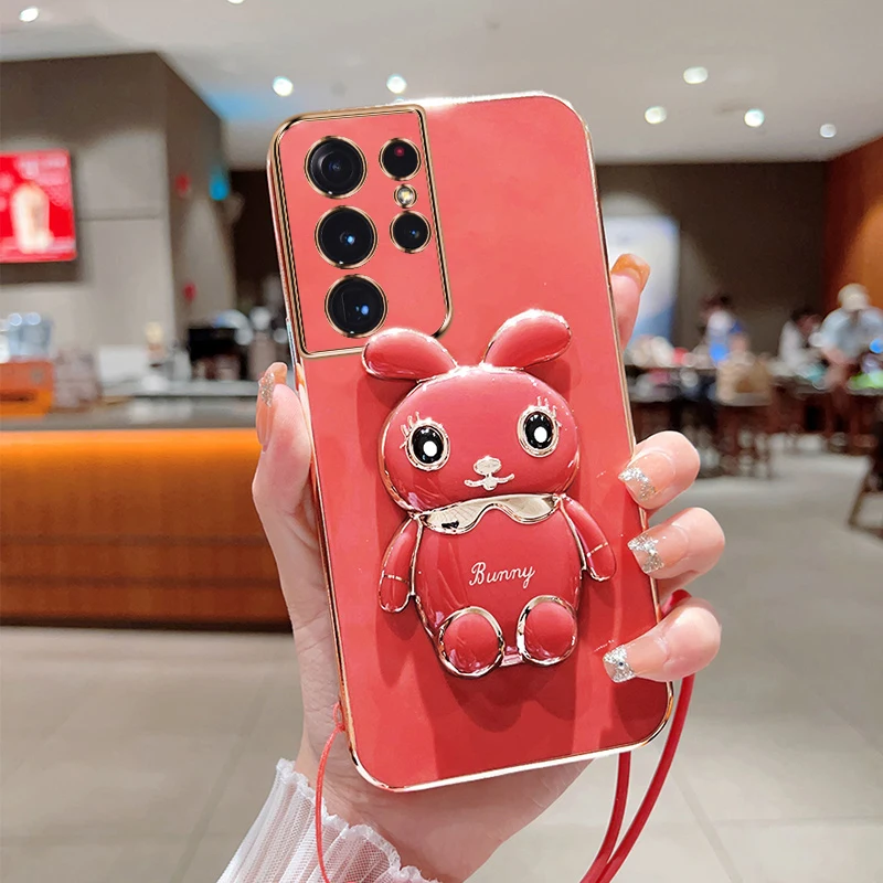 

Luxury Bunny Astronaut Case For Samsung S22 Ultra S21 FE S23 S20Ultra Note20 For Samsung S10Plus A04 A14 A02 Texture Stand Cover