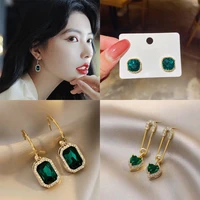 trendy elegant green crystal rhinestone square drop earrings for women luxury ear earrings wedding party fashion jewelry 2022