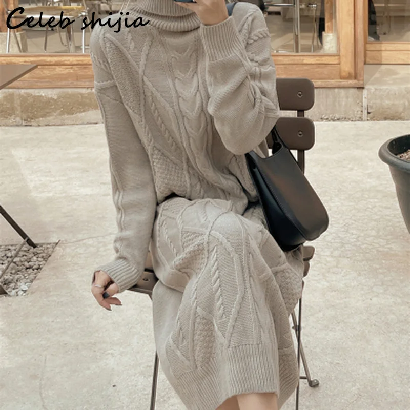 

New Thicken Harajuku Woolen Dress Winter Autumn 2022 Argyle Khaki Oversized Knitted Dress Bodycon Female Turtleneck Long Sweater