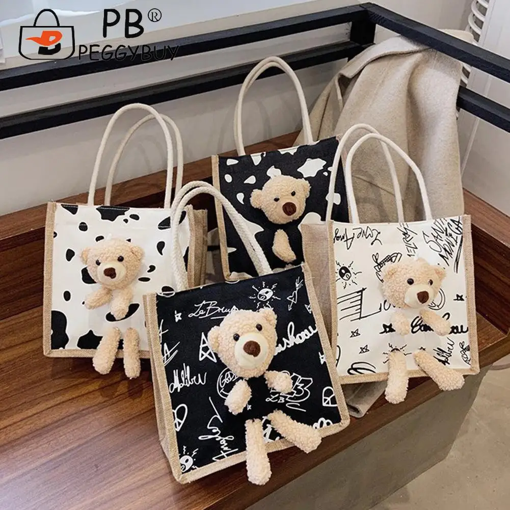 

Portable Travel Women Canvas Top-handle Bag with Plush Bear Doll Casual All-match Cow Pattern Small Tote Bags