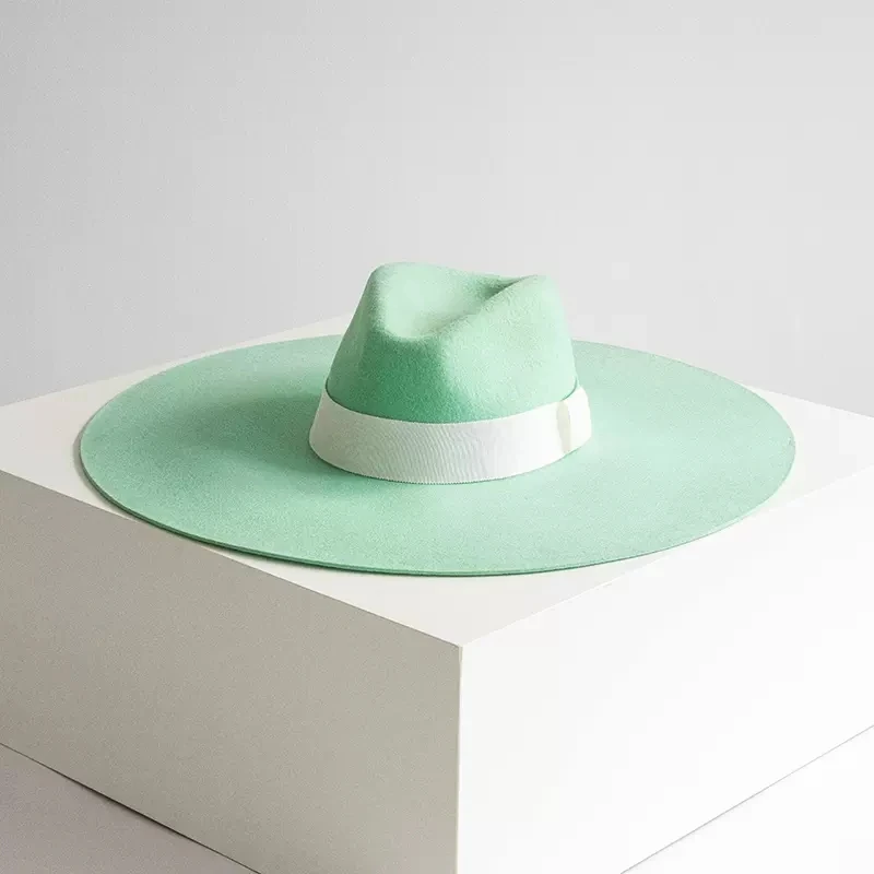 Brand Design Wide Brim Hat ,100% Wool Party Dress Hat ,Green Color Italy Performance Show  Felt Hat