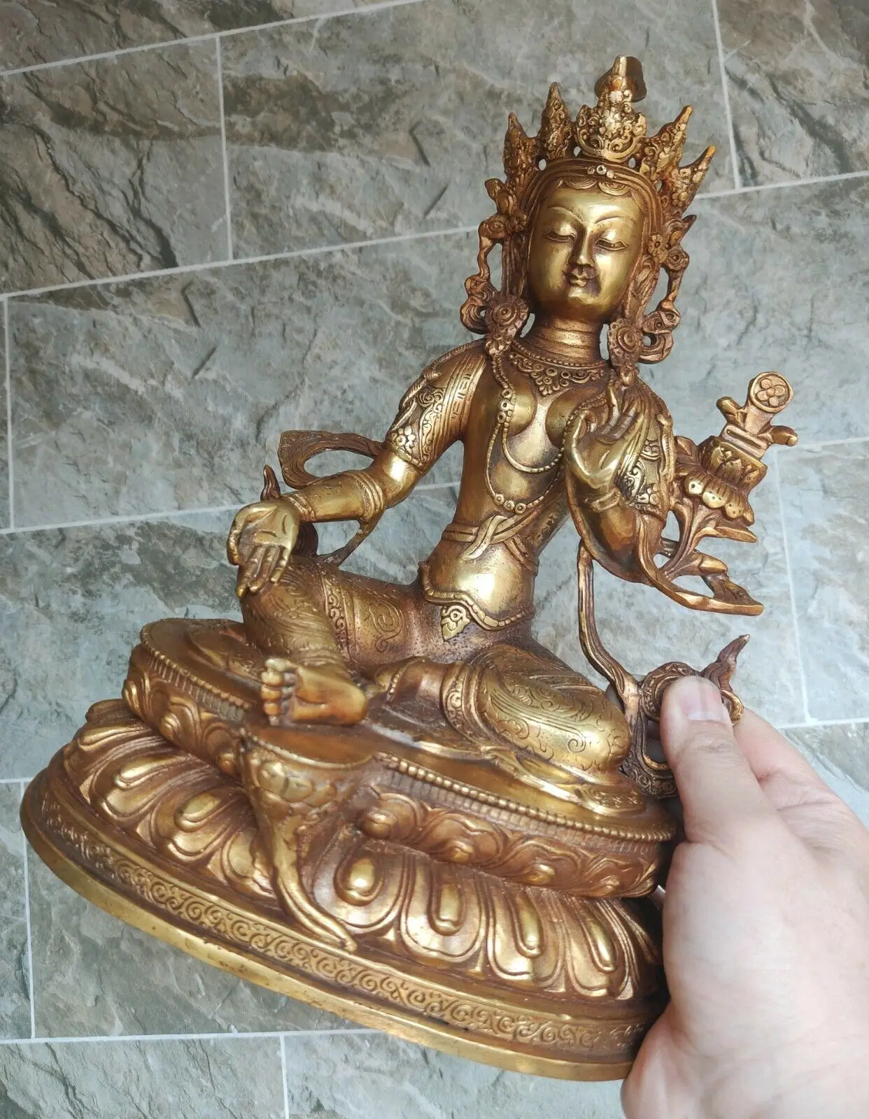 

30cm Buddhism old bronze statue Buddha Bodhisattva green Tara Auspicious mantras