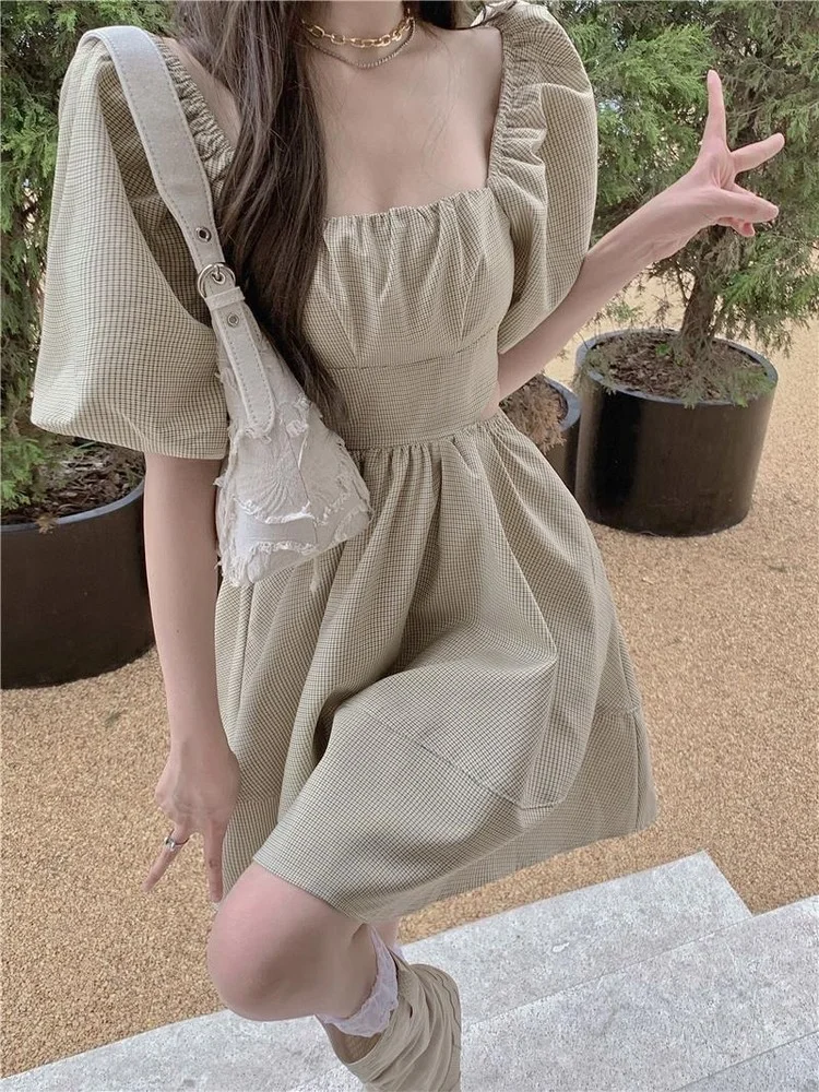 

Kawaii Plaid Mini Dress Women Sweet Wrap Puff Sleeve Short Dresses Casual Hollow Out Sauqre Collar 2022 Summer Sundress