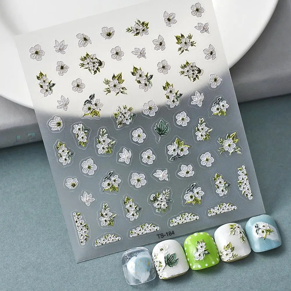 Белые цветы, 5D наклейки для ногтей, сделай сам, акриловые гравированные Слайдеры для ногтей