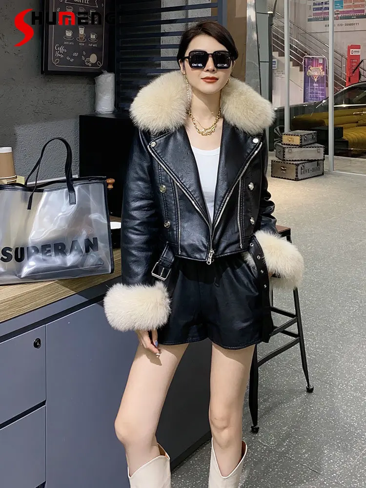 

2022 Winter New Fox Fur Collar Cotton Pu Leather Coat Women's Clothes Short Slim Fit Zipper Handsome Black Moto Leather Jacket