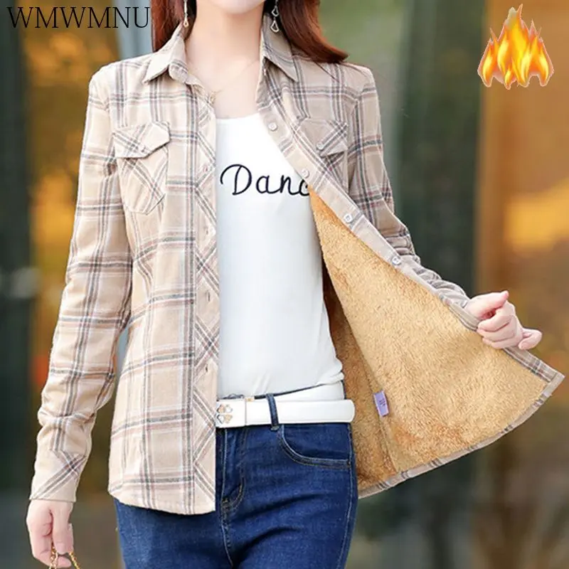 

Women's Plush Lining Thicken Plaid Shirts Winter Warm Blouses Korean Casual Snow Wear Long Sleeve Pocket Lapel Coats Cotton Tops