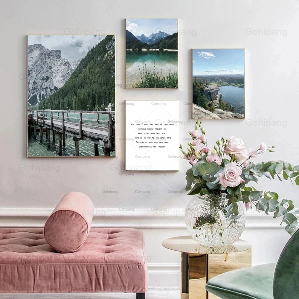 

Modern Nordic Mountain Lake Scenery Posters and Prints Canvas Painting Wall Art Flower Green Plant Fresh Picture Home Decoration