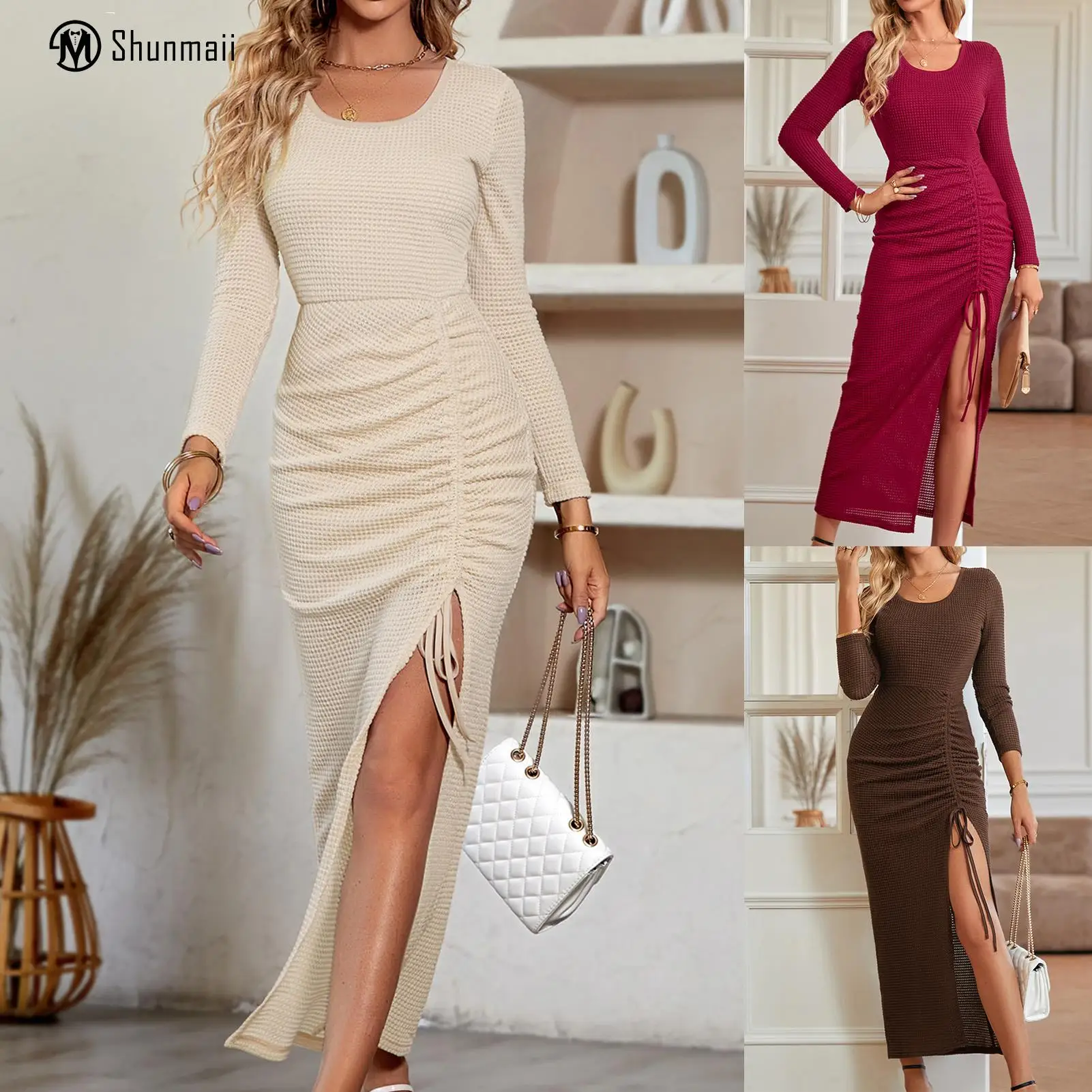 

Женское платье с длинным рукавом, элегантное Многоярусное Платье макси с Боковым Разрезом и U-образным вырезом, ассиметричный однотонный наряд для отпуска