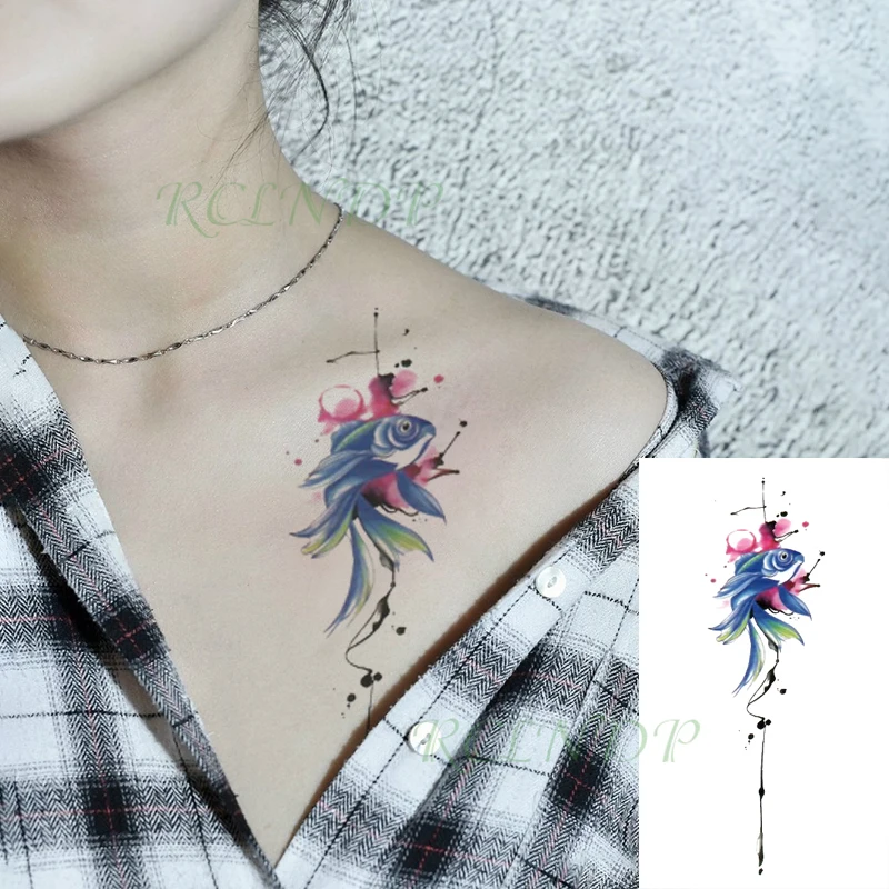 

Waterproof Temporary Tattoo Sticker Fish Watercolor Design Flash Tatoo Fake Tatto Hand Leg Arm for Men Women Kids