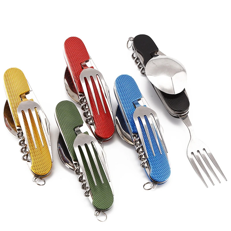 

Stainless Steel Spoon Folding Pocket Kits Home Picnic Hiking Travel Tools 4 In 1 Outdoor Tableware Set Camping Cooking Supplies