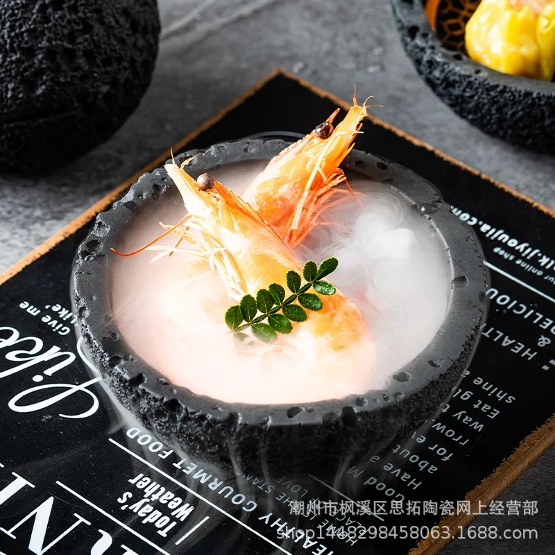 

Creative planet bowl molecular cuisine creative imitation volcanic stone ball on the plate round smoked cup black tableware
