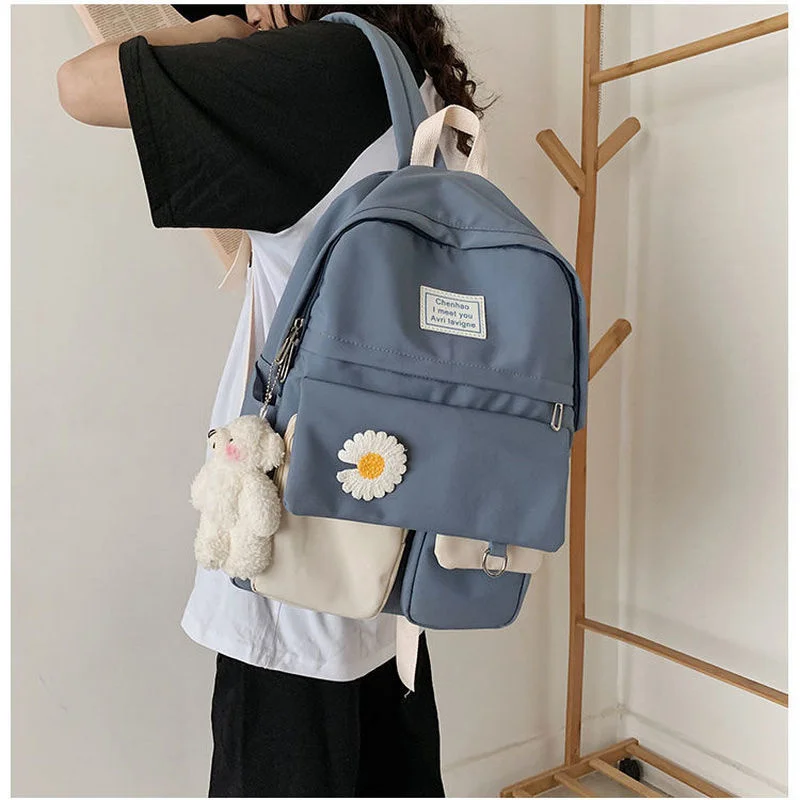

School Bags for Teenage Girls Backpack School Women Nylon Bookbags Soft Solid Panelled Flowers Student Schoolbag