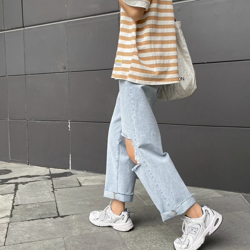 Men's Big Ripped Straight Baggy Light Blue Jeans Spring Classics Korean Style Fashion Wide Leg Pants Denim Ankle-Length Pants