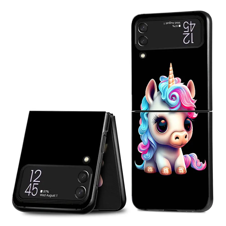 Милый чехол для телефона с единорогом Samsung Galaxy Z Flip 6 4 3 5G Funda Black Coque Hard PC Luxury Cover 5 Capa