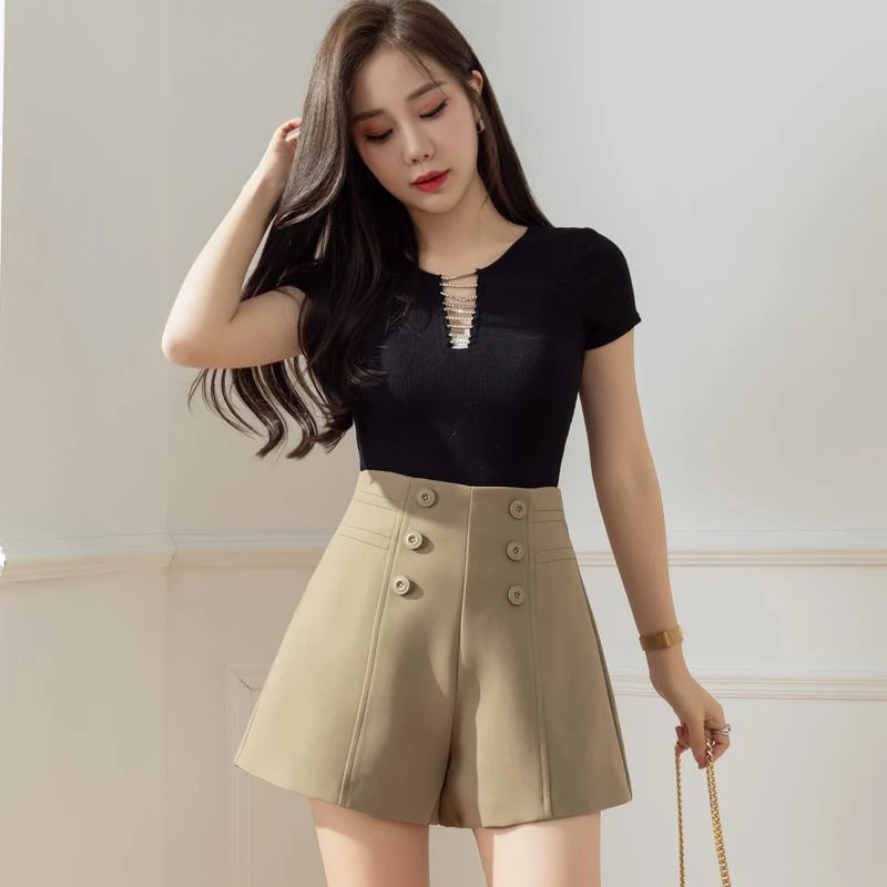 Casual Womens Shorts Summer New High Waisted Shorts Loose Suit Shorts for Women 2023 Fashion Womens Clothing Button Black Shorts