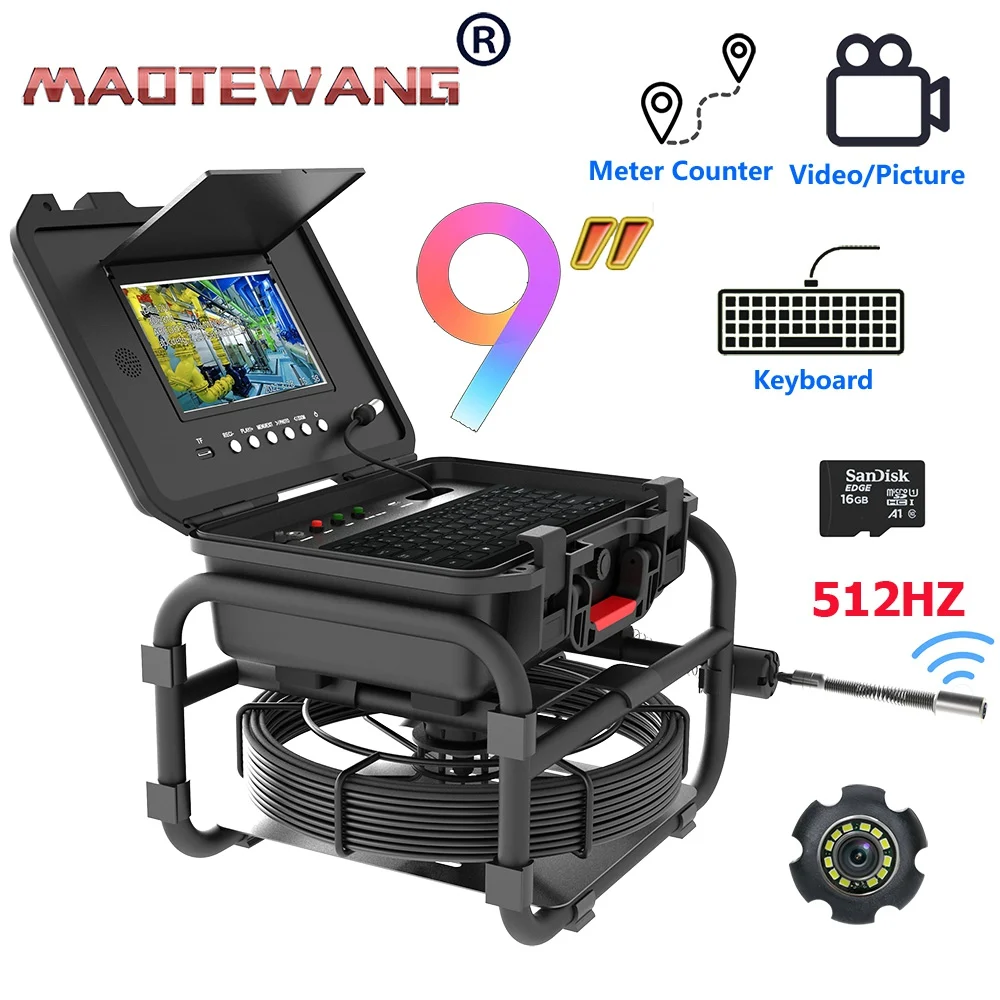 

MAOTEWANG Sewer Pipe Inspection Camera 9Inch IPS 1080P Screen +Audio Recording 5X Image Enlarge+Meter Counter