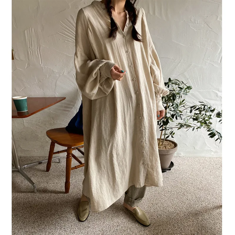 

SuperAen Korean Cotton Linen Shirt Dress Women's Loose Casual Shirt Cardigan Spring Summer Long Dress