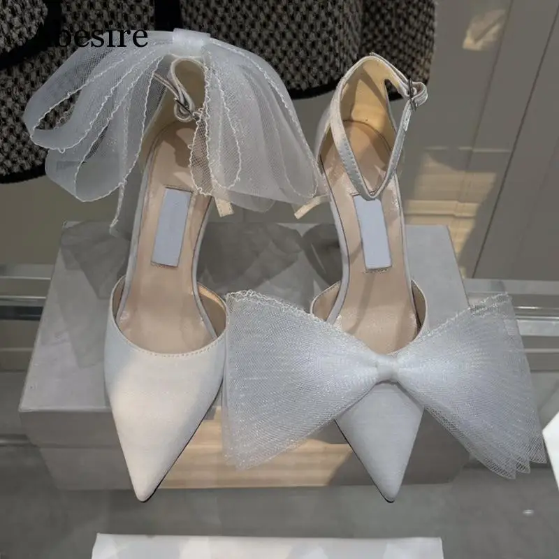 Big Bowknot Asymmetrical Design High Heels Women Luxury Satin Pointed Toe Pumps Spring Summer Wedding Party Ankle Strap Shoes