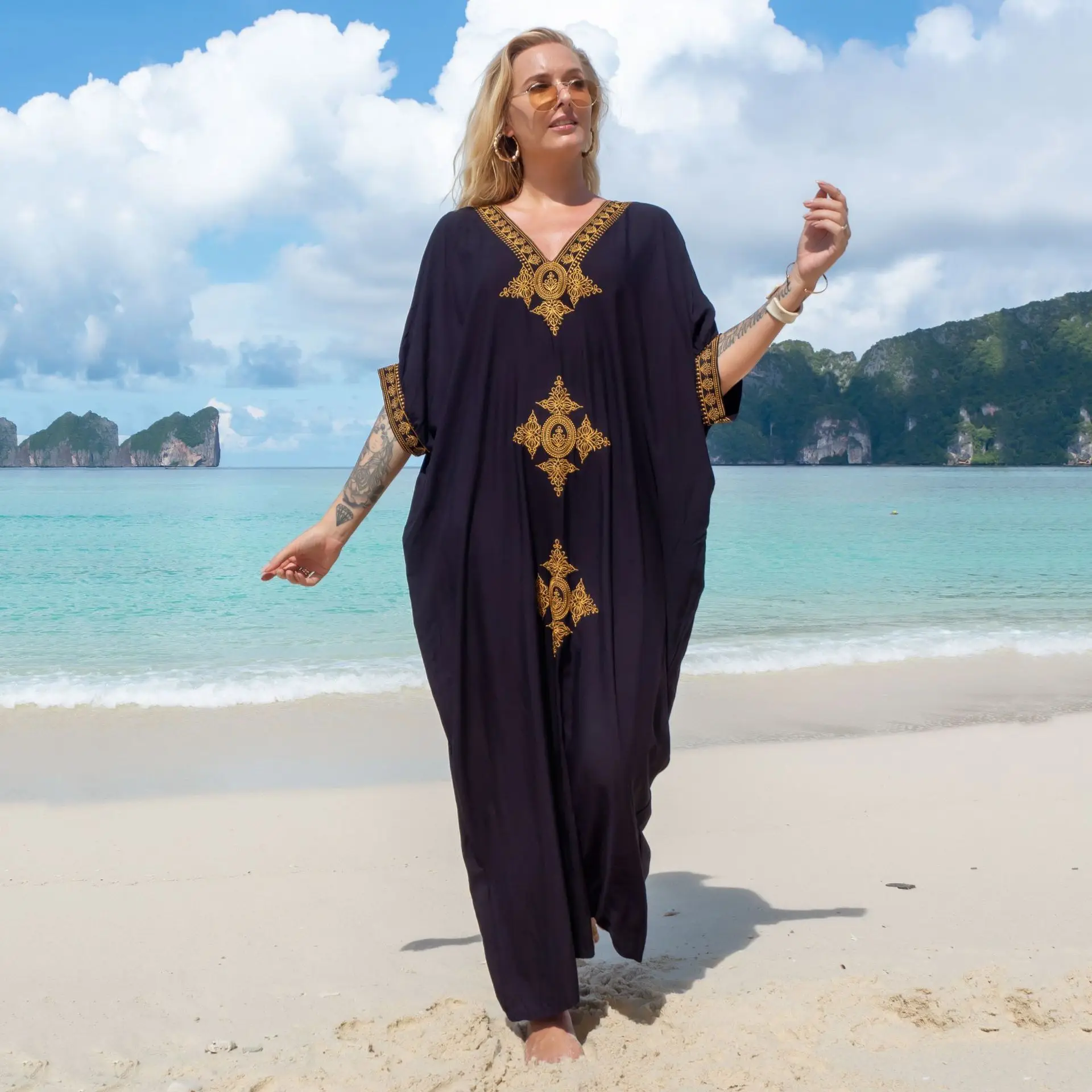 

2023 Beach Embroidered Robe Holiday House Dress Lounge Wear Dresses Outing Long Cover Ups Women Cover-ups Pareo Woman Clothing