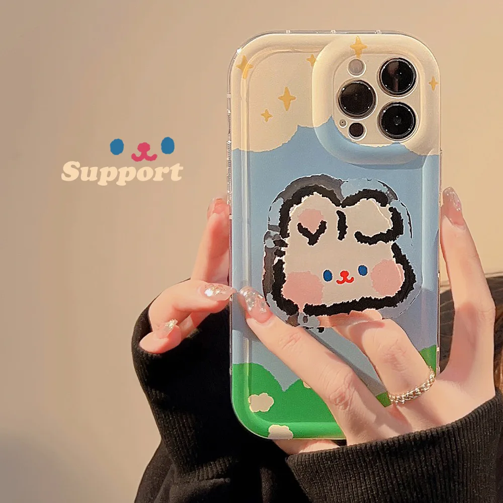 

Soft Cute Rabbit Bracket Phone Case for IPhone11 12 13 14 Pro Max Shockproof Silicone Back Cover IPhone14 Pro Max