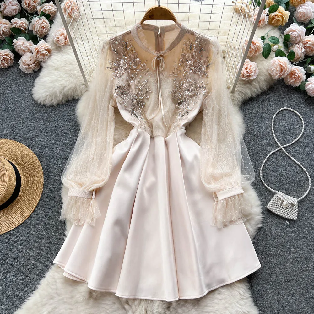 

Женское модельное платье с длинным рукавом, Сетчатое платье с бусинами, женское шикарное платье трапециевидной формы с высокой талией, TB081, весна-осень