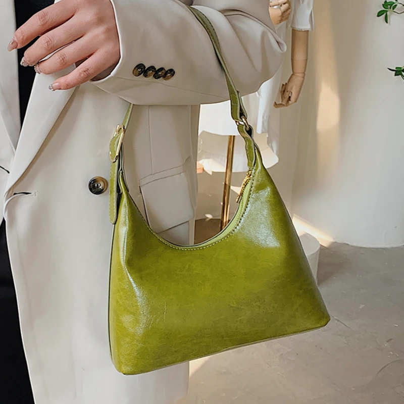 

Vintage PU Leather Female Shoulder Bag 2023 Trend Green Underarm Bags for Women Minimalist Luxury Designer Small Handbag