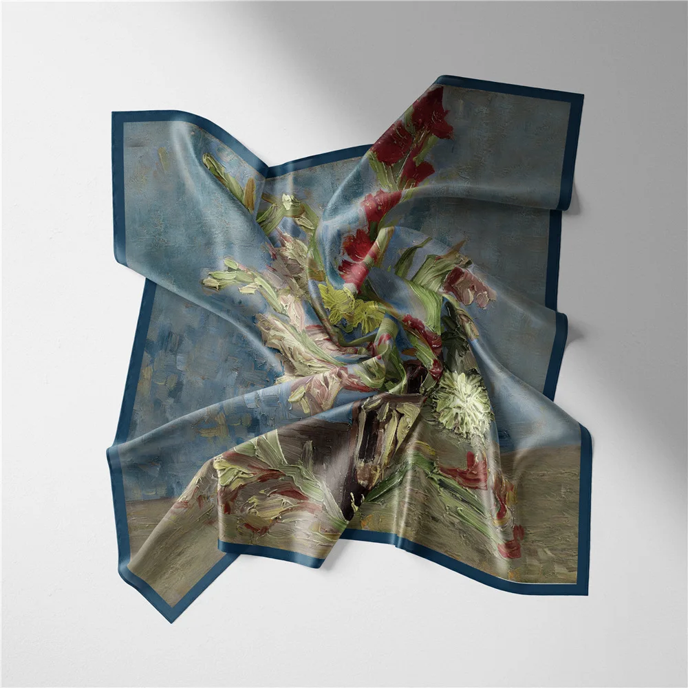 

Женский саржевый шелковый шарф, квадратные шарфы с цветочным рисунком Ван Гога и Фениксом, бандана, маленький хиджаб, шарфы, женское пончо, 53 см