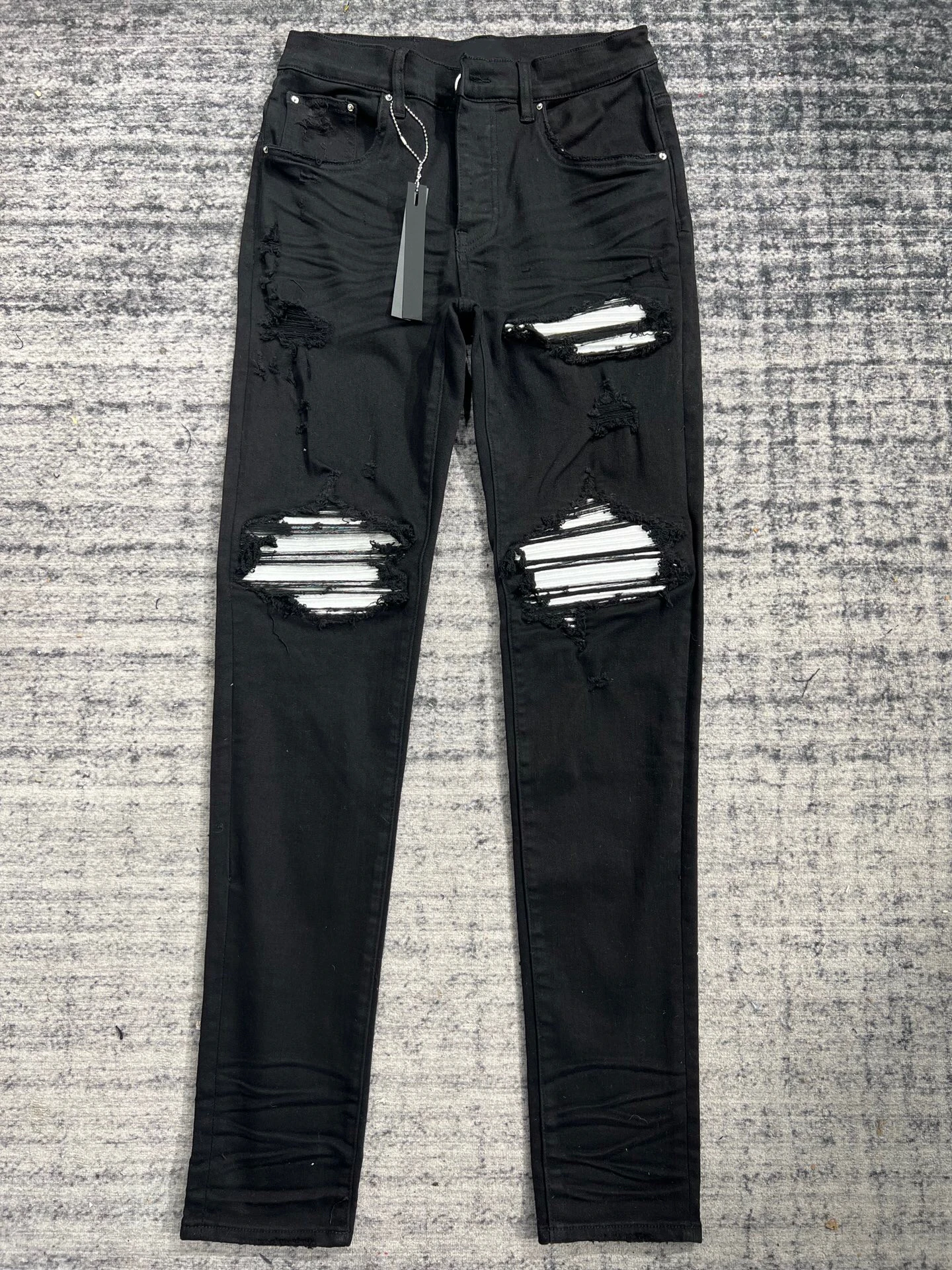 

tide brand black wash water holes do old patchwork elastic slim jeans men's high street