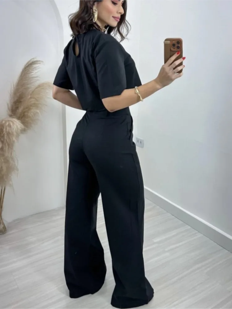 Модный однотонный комплект брюк женский укороченный топ с короткими рукавами и