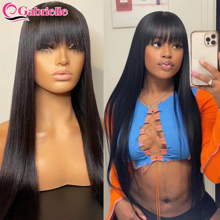 Gabrielle Human Hair Wigs with Bangs Glueless Brazilian Straight Fringe Full Machine Made Wig for Women Natural Color Remy Hair