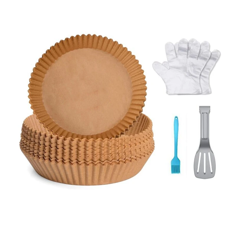 

New 150PCS Air Fryer Disposable Paper Liner,6.3Inch Non-Stick Air Fryer Parchment Paper With Tong& 200Pc Gloves For Baking