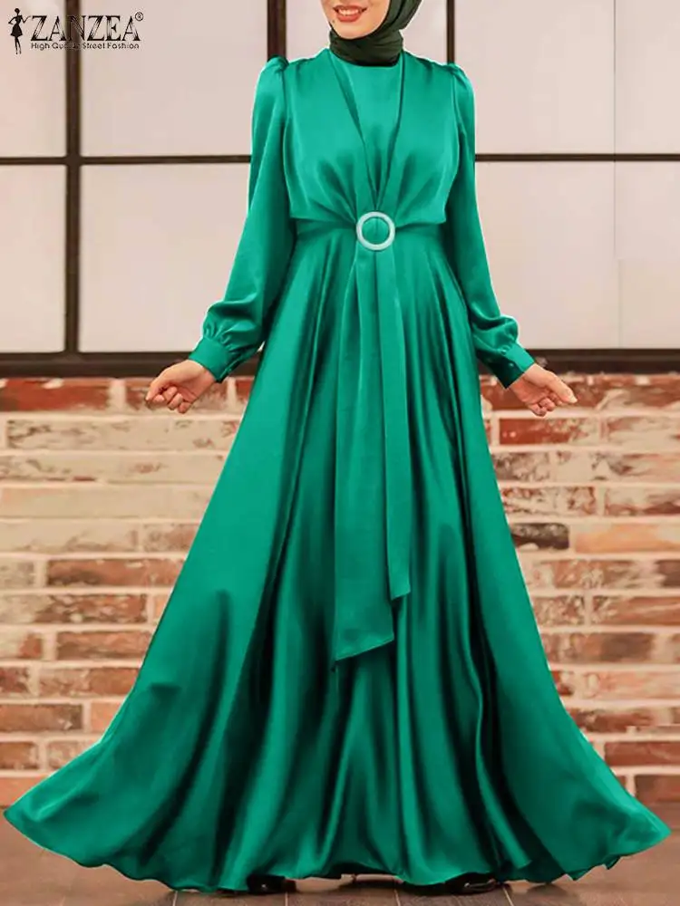 Свободное праздничное вечернее платье Дубая, Элегантное Длинное атласное платье макси, мусульманский сарафан ZANZEA, женское весеннее одното...